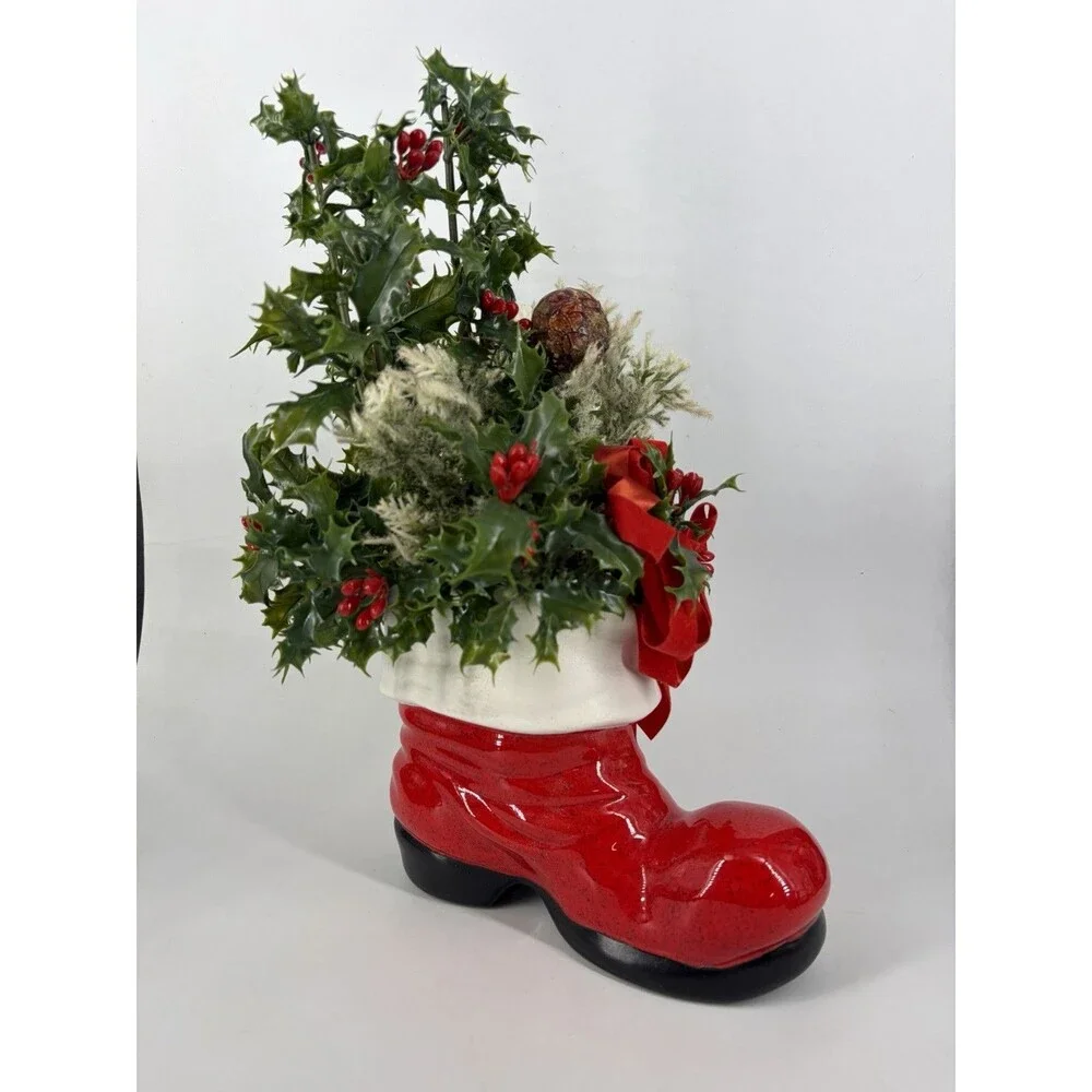 Vintage Ceramic Santa Boot Planter Vase 70's Christmas Decor  13